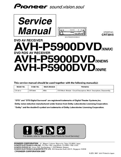PIONEER AVH-P5900 DVD, Service Manual, Repair Schematics