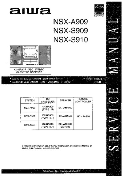 AIWA audio, Compact Disc Stereo Receiver, NSX-A909, NSX-S909, NSX-S910