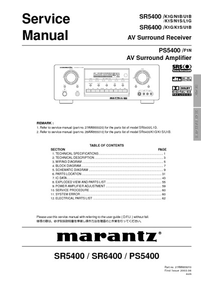 Marantz SR-5400 Service Manual