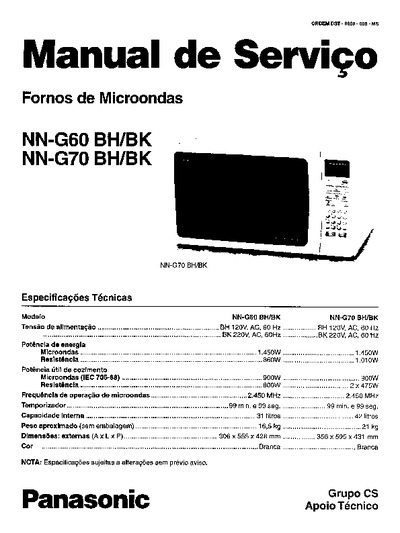 Panasonic microondas NN-G60 G70 BH BK