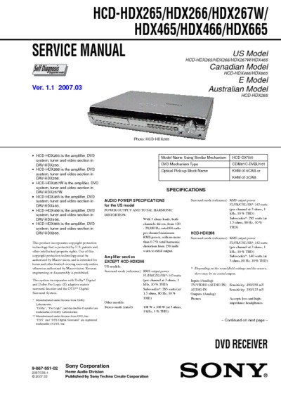 Sony HCD-HDX265, HCD-HDX665 Series, DVD Receiver