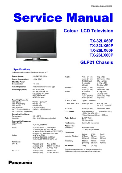 Panasonic Colour LCD television TX-26LX60, 32LX60 chassis GLP21