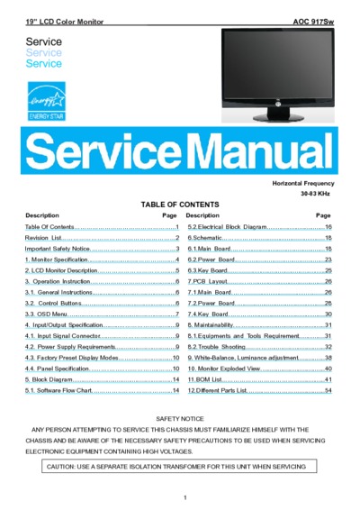 AOC 917Sw LCD Monitor Service Manual