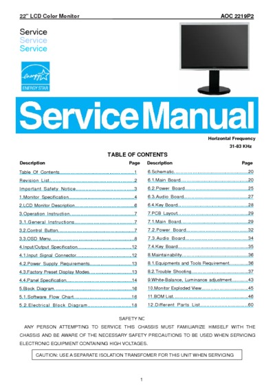AOC 2219P2 LCD Monitor Service Manual