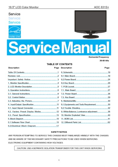 AOC 831S+ LCD Monitor Service Manual