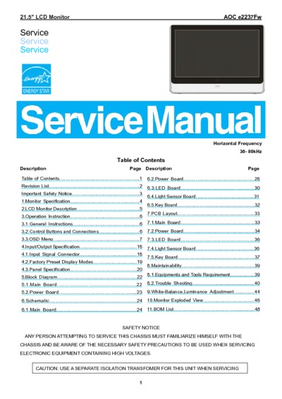 AOC e2237Fw(7750+58) LCD Monitor Service Manual
