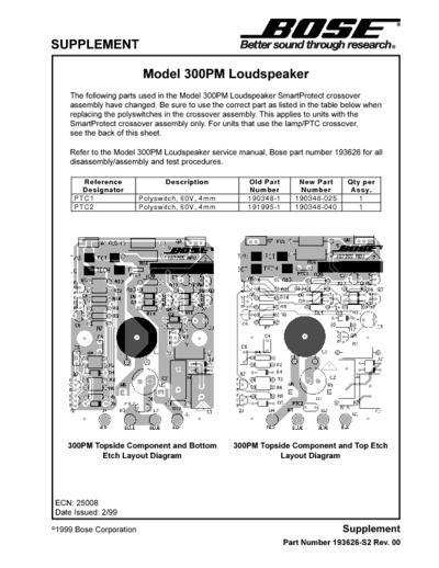 BOSE 300 PM SERVICE MANUAL SUPPLEMENT, DETAILS CROSSOVER PTC PART NUMBER CHANGES-S2