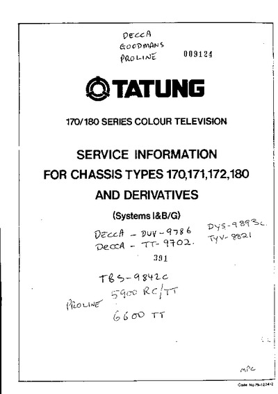 Tatung, Decca, Goodmans, Proline Chassis 170, 171, 172, 180