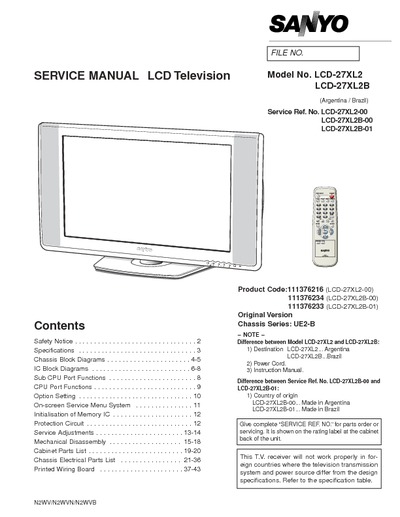 Sanyo TV, LCD-27XL2 B Chassis UE2-B