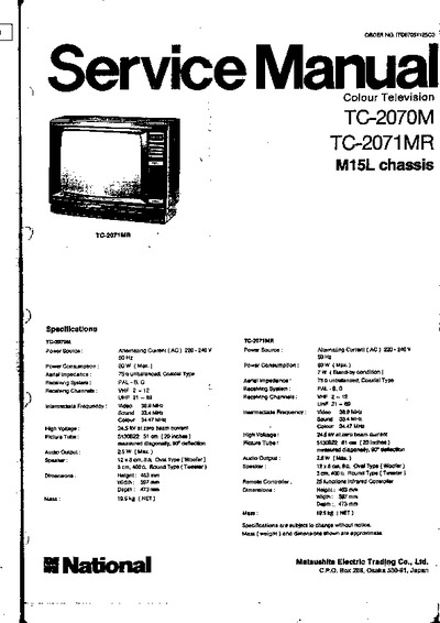 Panasonic TC2070M, TC2071MR chassis M15L