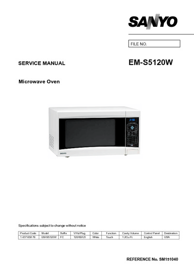 Sanyo microwave EMS5120W SM151040-00