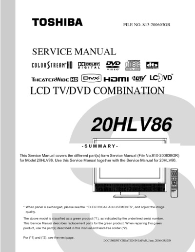 Toshiba 20HLV86 Supplement