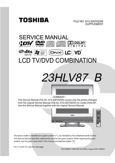 Toshiba 23HLV87 Supplement