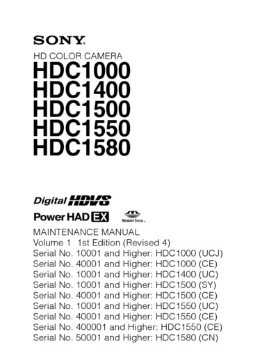 Sony HDC1000, HDC1400, HDC1500, HDC1550, HDC1580