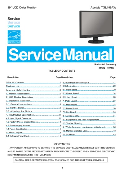 Adelpia TGL198AW-19 LCD Monitor Service Manual