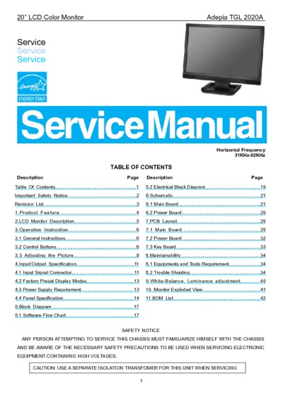 Adepia TGL 2020A-20 LCD Monitor Service Manual