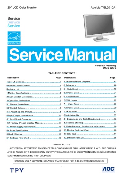 Adelpia TGL2010A-20 LCD Monitor Service Manual