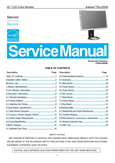 Adelpia TGL2200A-22 LCD Monitor Service Manual