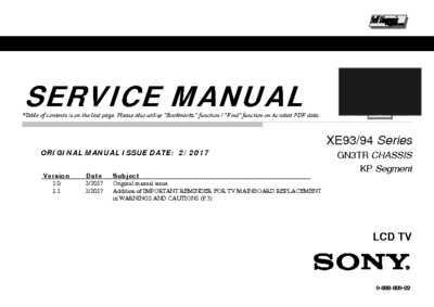 Sony KD-55XE9305, KD-65XE9305, KD-75XE9405 Chassis GN3TR-KP