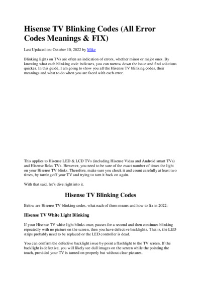Hisense TV Blinking Codes