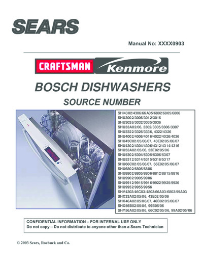 Bosch SHI4302 SHI4306 SHI66A05 SHI6802 SHI6805 SHI6806 Dishwasher Sears